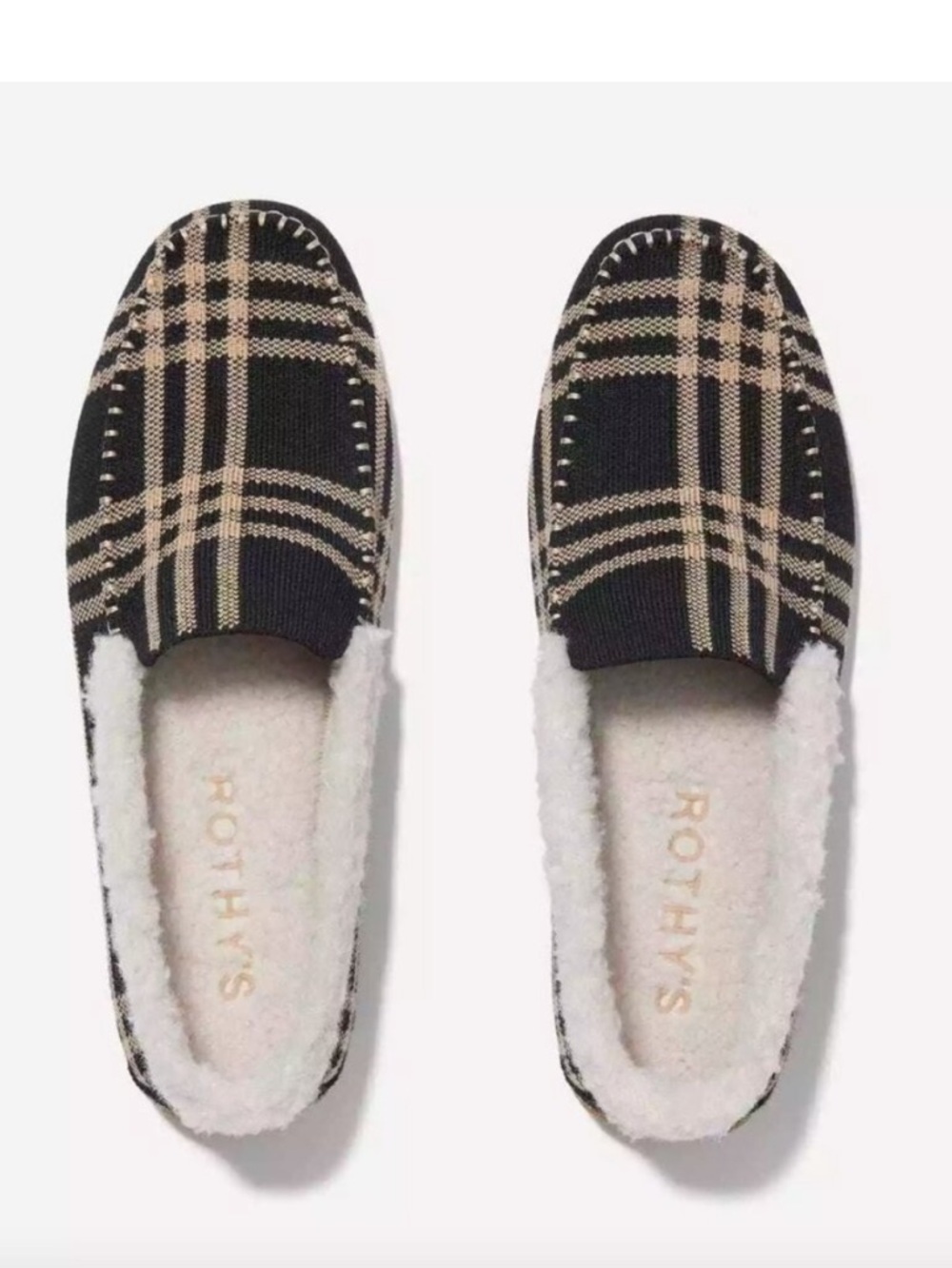 Rothy's "The Slipper" in Black and Camel Plaid Size W10
